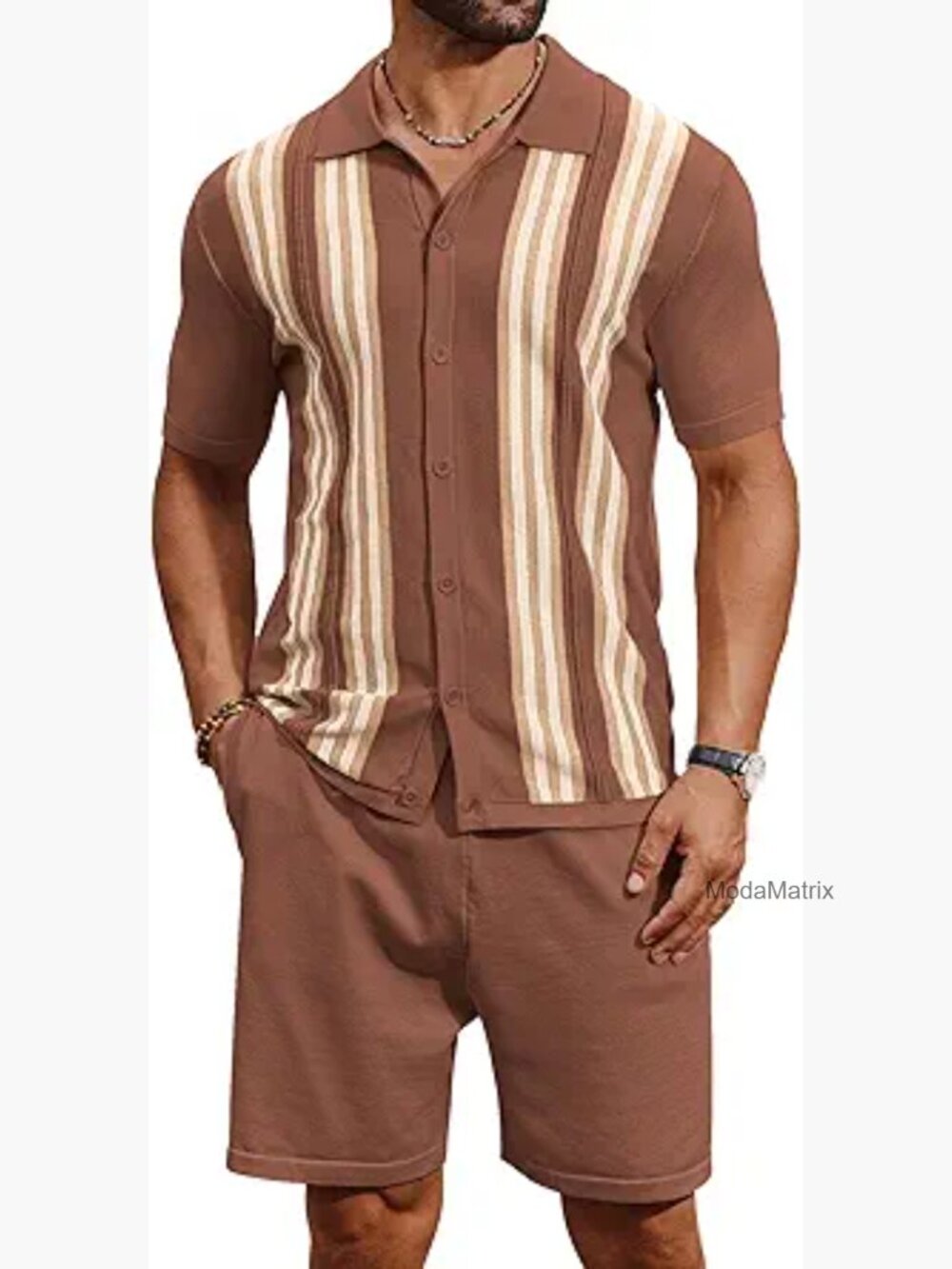 Men's 2 Piece Knit Short Set Vintage Polo Button Down Beach Outfit